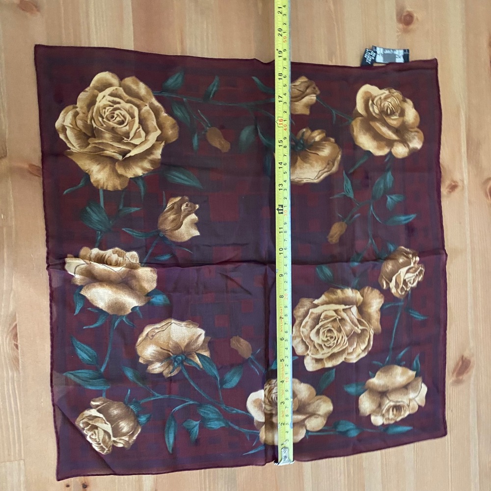 VTG Halston Lifestyle Burgundy Gold Rose Floral Silk Square Scarf - Picture 4 of 11